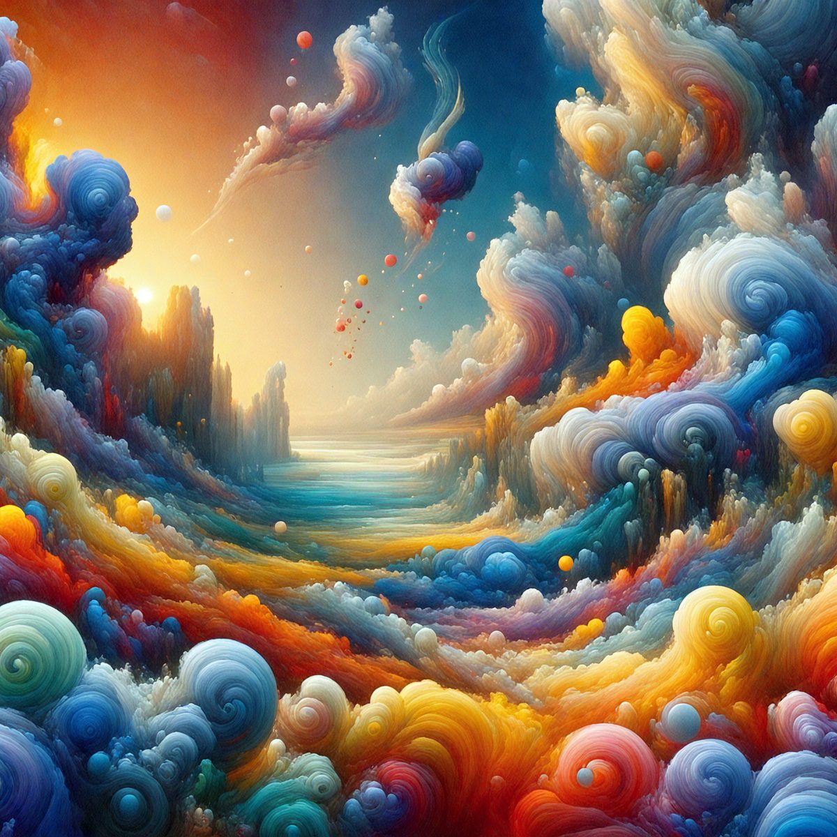 The primary subject of the image is a vibrant and colorful painting featuring a sunset, clouds, and a body of water. The setting is a beautiful landscape with a mix of blue and yellow hues. The visual style is a digital art or illustration, showcasing a creative and imaginative interpretation of the scene. The colors and mood of the painting evoke a sense of tranquility and serenity, as the sun sets and the clouds float gracefully in the sky.